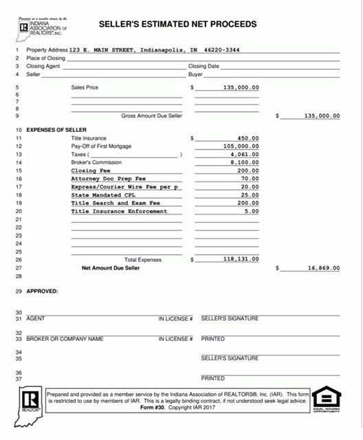 Seller's estimated net proceeds form